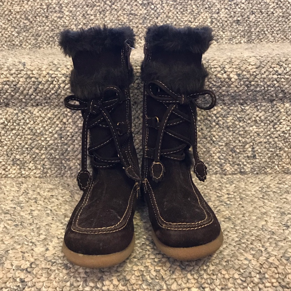 Girls Dark Brown Suede Boots with Fur Trim